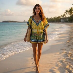 🍑 Peachpuff BOHO Bright Yellow Print lined drawstring Romper small